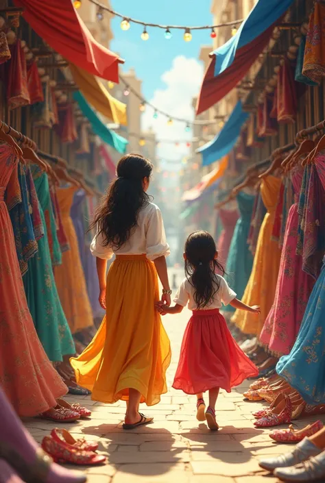 Two women mother and daughter with a long skirt entering a cloth supermarket selling skirts and femal shoes.