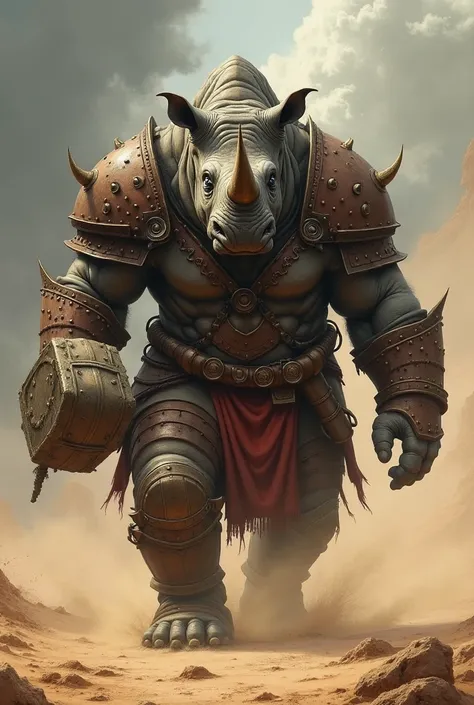 Hulking Rhino War Chief – A monstrous rhino warrior, its battle-scarred body wrapped in heavy armor. A massive war hammer rests in its hands as it marches through the stormy desert, dust rising from every thunderous step it takes.