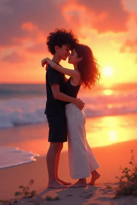 boy with curly hair in black short sleeve shirt and black shorts kissing girl with long white pants and black tank top on a sunset on the beach Disney version