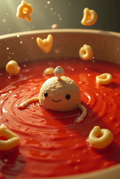 Meatball man swimming in a pool of tomato juice and wearing a garlic bulb on his head, surrounded by alphabet macaroni that spells out: Grandmommy is Japanese.