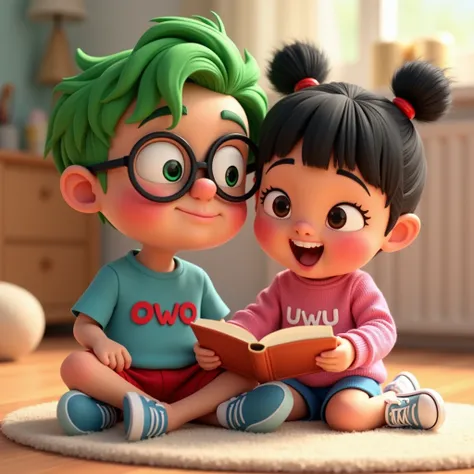 
A close-up 3D Pixar-style animation of Owo and Uwu, two adorable siblings spending quality time together. Owo, the nerdy  boy with big round glasses and bright green hair, is wearing his signature light blue t-shirt with "owo" written on it in red font, r...