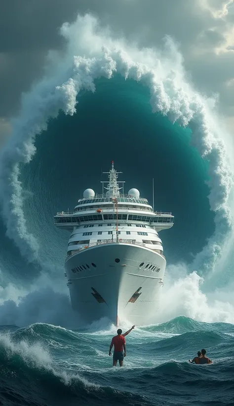 "A colossal tsunami wave towers in front of a massive ocean liner, rising high above the ship's bow with terrifying force. The dark, churning water is capped with foamy white crests, ready to crash down upon the vessel. The ship, painted white with multipl...