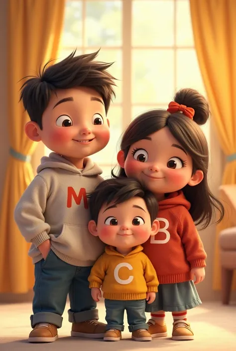 Chubby family big eyes animated cartoon, The dad wears a sweatshirt with the letter M, Mom wears a sweatshirt with the letter B and the three-year-old son wears a sweatshirt with the letter C