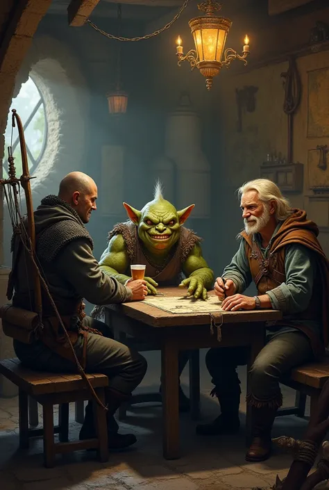 archer , witch , strong goblin sitting at the table,  are discussing their  "great " Feats,  when suddenly Kirill Kazarov, a blond man with crooked teeth and a strange smile, comes up to them 