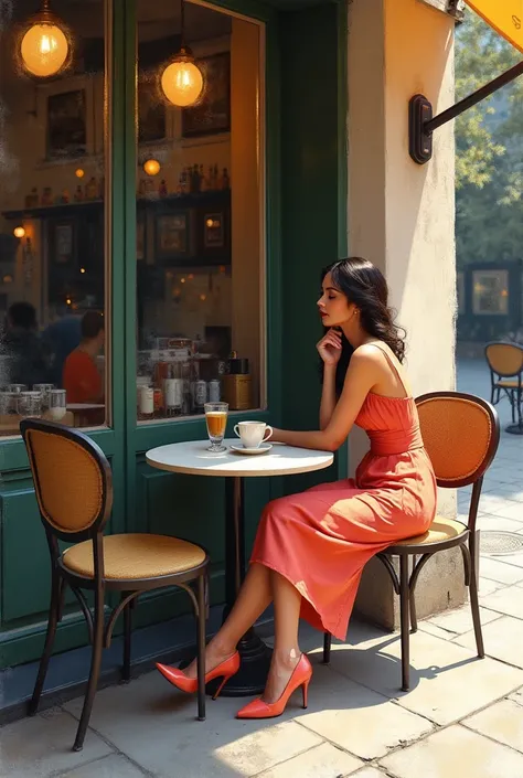  's painting of a woman seated at a table outside a building, a digital painting inspired by Raymond Leech  , Em alta no CG Society,  Digital Art , , elegant digital painting,   sitting in a cafe  alone, In a bright cafe , dress in the style of digital pai...