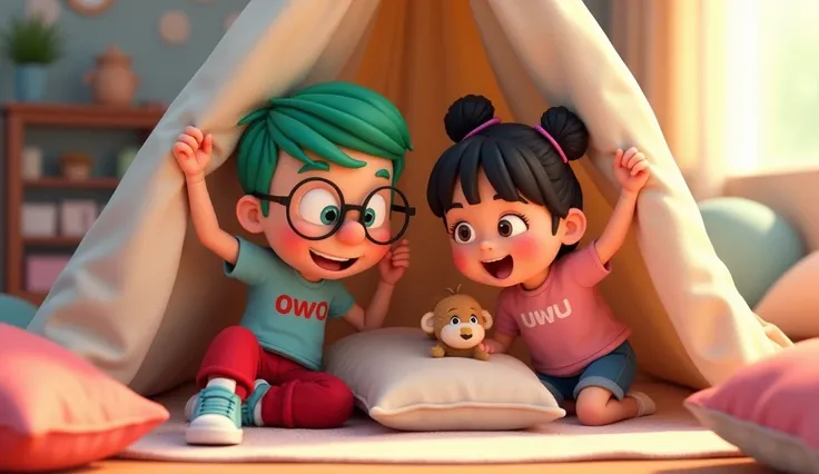 Prompt:

A full-body 3D Pixar-style animation of Owo and Uwu, two adorable siblings, joyfully building a pillow fort together. Owo, the nerdy  boy with big round glasses and bright green hair, is wearing his signature light blue t-shirt with "owo" written ...