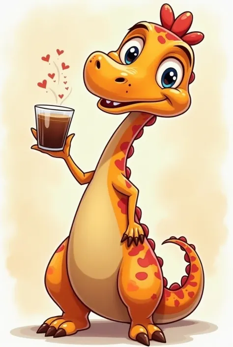  Create several images of the same necked dinosaur in cartoon style,  with fun and friendly features ,  inspired by the visual of the Disney-Pixar animations .  It must have vibrant colors and charismatic expressions , conveying humor and sympathy . drinki...