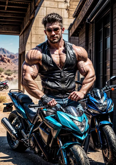 Ultra-realistic, highly detailed, chiseled young burly biker man with a muscular, shredded bodybuilder physique. His massive chest, broad shoulders, and veiny, tattooed arms exude power. His biceps and triceps are flexed, showcasing thick, vascular muscles...