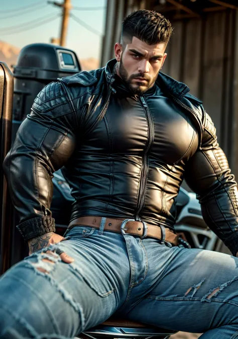 Ultra-realistic, highly detailed, chiseled young burly biker man with a muscular, shredded bodybuilder physique. His massive chest, broad shoulders, and veiny, tattooed arms exude power. His biceps and triceps are flexed, showcasing thick, vascular muscles...