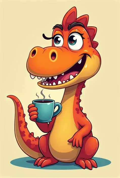  Create a necked dinosaur in cartoonish style ,  with fun and expressive features ,  vibrant colors and charismatic look . He must be drinking coffee , with varied expressions: anger, Upset, and happy. Everyone has to be the same 
