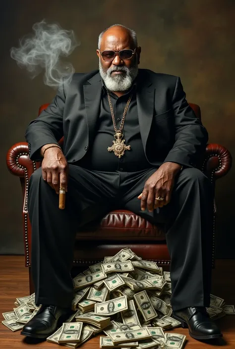 most dangerous black mafia boss with evil and dangerous face holding a firearm in one of his hands sitting on a BIG, HUGE pile of money while smoking a rich cigar of the boss's henchmen next to the pile of money,Have a picture on the wall, saying silverbac...