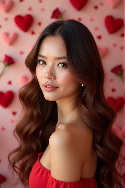 Woman with healthy hair on a background with Valentine's Day motifs for hairdressing promotion 