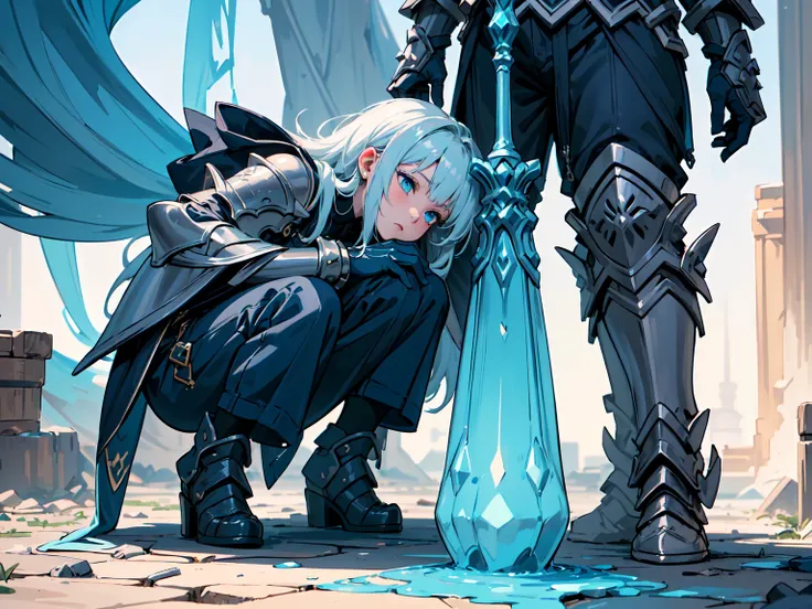 (((masterpiece, best quality, high detailed, 16k))) (1girl) A beautifully lethargic woman with messy blue-gray hair and sleepy cyan eyes. She wears a flowing, loose silver armor that seems almost too heavy for her. In her hand, she lazily holds a massive, ...