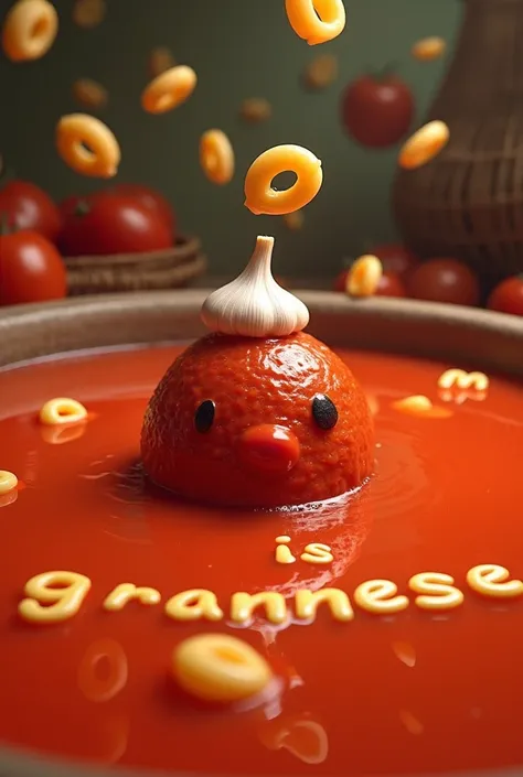 Meatball man swimming in a pool of tomato juice and wearing a garlic bulb on his head, surrounded by alphabet macaroni that spells out: Grandma is Japanese. Wide angle picture.