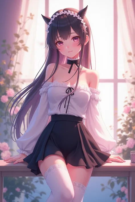 Alya is an anime girl in white stockings and a black short skirt  