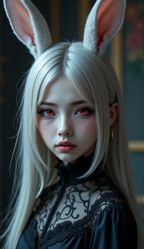 a creepy vampire bunny in the style of novsukuroma, beautiful detailed eyes, beautiful detailed lips, extremely detailed eyes and face, long eyelashes, rabbit ears, fangs, red eyes, dark gothic outfit, intricate lace details, moody dramatic lighting, dark ...