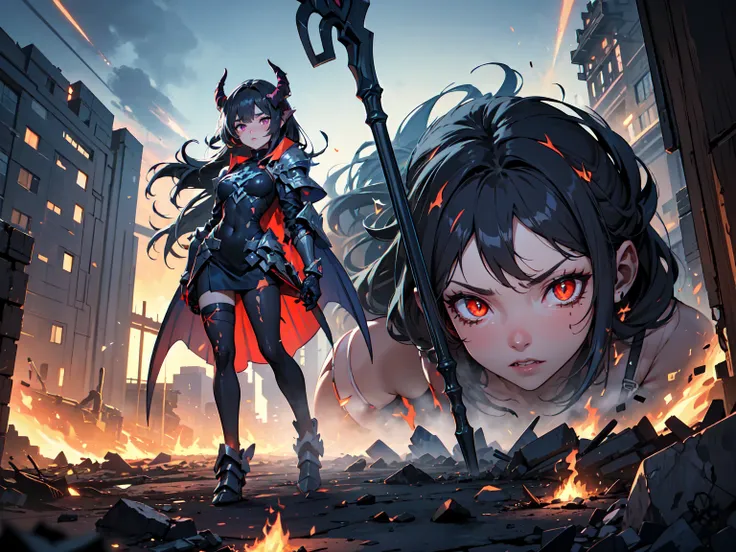 (((masterpiece, best quality, high detailed, 16k))) (1girl) A terrifyingly powerful demoness with dark, shadowy hair that writhes like tendrils of pure chaos, and eyes that burn with the fires of annihilation. Her armor is made from shattered fragments of ...