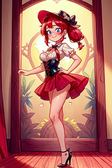 (masterpiece, best quality), 1girl, black dexy corset, red hair, two ponytails, cute face, blue eyes, standing, indoor, intricate detail, sunlight, elegant hat, sexy pose, black heels shoes, earrings, smile, blush, fall in love, cursi hearts, coquette, gor...