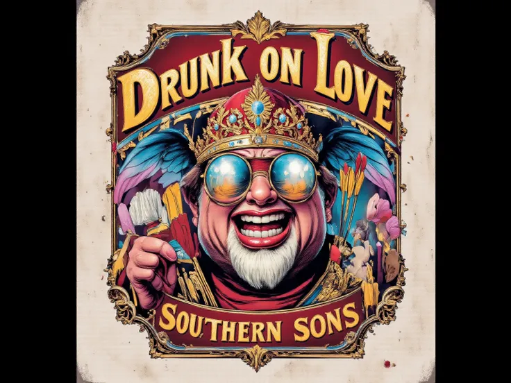 Logo of drunk cupid, text on image reads ("Drunk On Love"), at the top of image. Second text on image on the bottom reads ("Southern Sons"). 