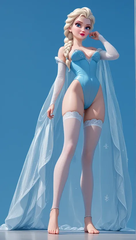 score_9, score_8_up, score_7_up, score_6_up, full view low angle portrait, 1girl, (Disney's Elsa, white loose and straight hair, medium breasts, barefoot, blue eyes, braid:1.3), (partially nude 1.3) nude Princess Elsa, gray translucent  stockings,  Disney ...