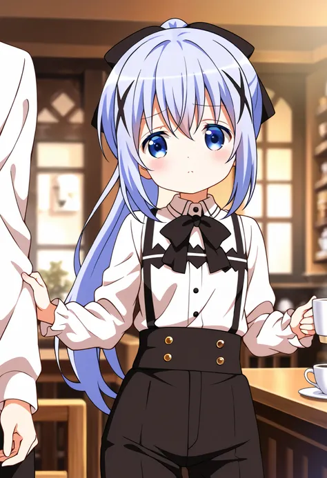 {long sleeve shirt}, {black bow tie}, {black suspenders}, {black long pants}, ponytail, {cross-dressing }, serious face ,1girl,Very cool ,small breasts ,Junior high school student, one woman ,kafuu chino, Original style, Very high quality, soft to the touc...