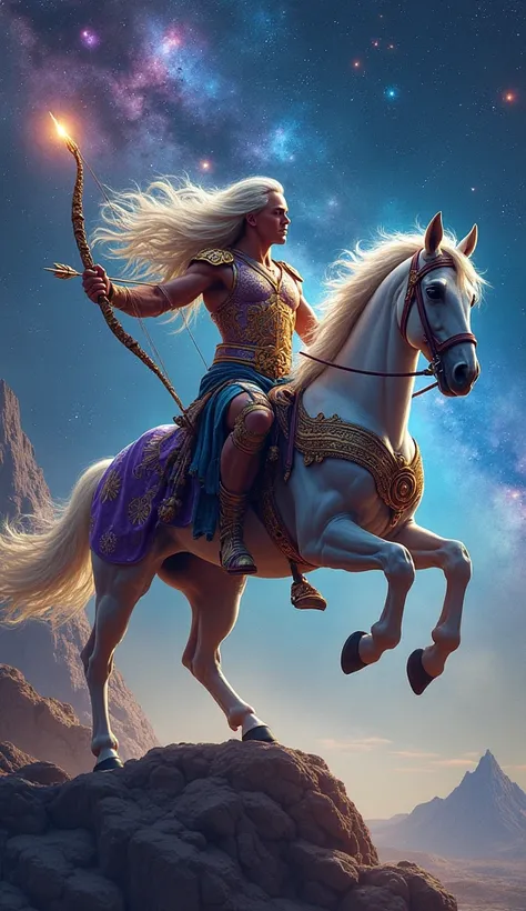 A majestic centaur archer embodying the Sagittarius zodiac, with a powerful human torso and a sleek, muscular horse body. He is clad in ornate celestial armor that shimmers in deep blues, rich purples, and golden accents, engraved with ancient Sagittarius ...