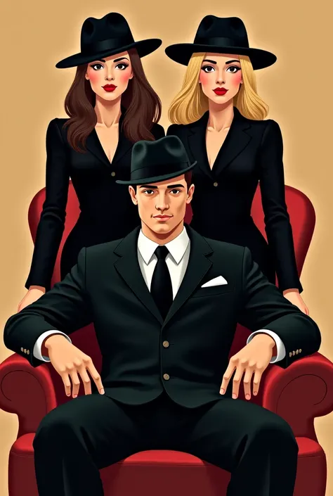  Create an illustration .  In front is a man sitting on an armchair ,  with dark hair and he is dressed in mafia style with suit and hat.  There are 2 women behind him. They are pretty,  slim and wear black clothes ,  also in mafia vintage style . The two ...