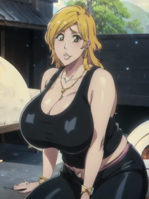 Orihime Inoue,Bleach artstyle,brown eyes,Big breast,((Enchanted big breast)),((((loose around cleavage black tank top)))),Cleavage,Curvy figure,Hoopa bracelet,Long nail,Side burn visible,look at viewer,(((bright yellow blond color hair))),((head facing fro...