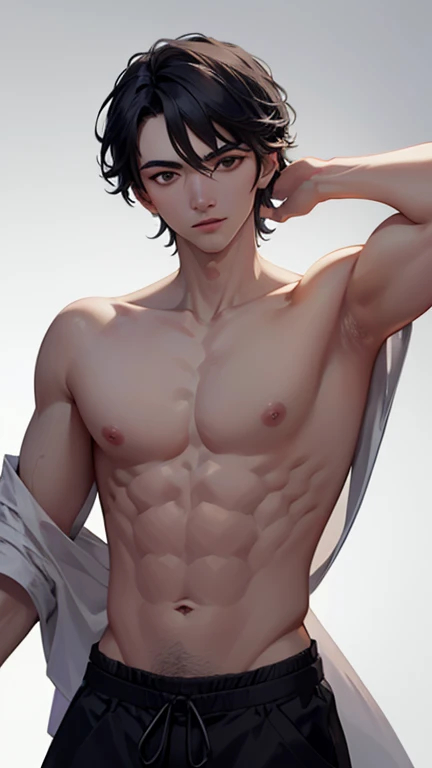 handsome young man. black hair sticking out behind. black eyes with a sharp gaze. Raven hair, wearing luxurious royal clothes. hot, toned body, nice abs, slender, shirtless, medieval era, noble, wears noble robe,High Resolution, Masterpiece, Accurate, Anat...