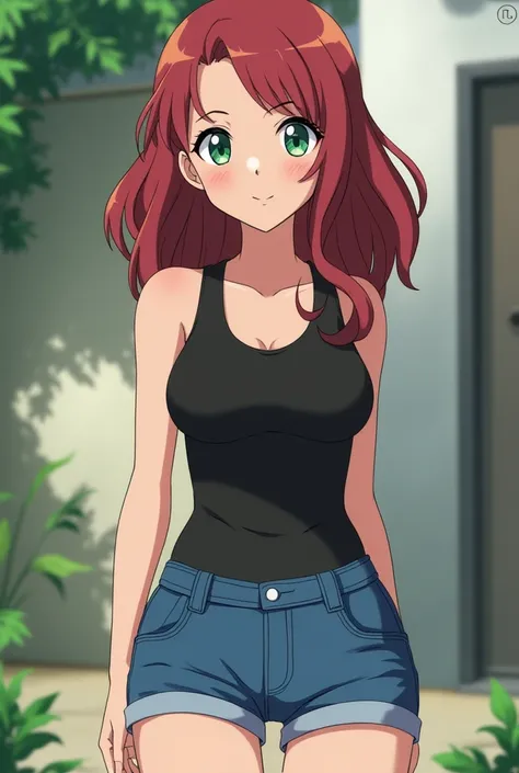 A girl from the Pokemon anime who is 18 with Dark red  hair, green eyes, white skin, wearing blue denim shorts and a black tank top 