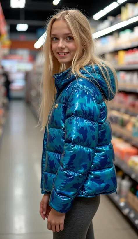 Backside diagonally photo from side behind of a sweaty hot wet cute beautiful pale freckled cute white blonde brightblonde dutch young posing age femboy wearing shiny bright latex camo-print bright neon blue and bright shiny gold pvc cropped short moncler ...