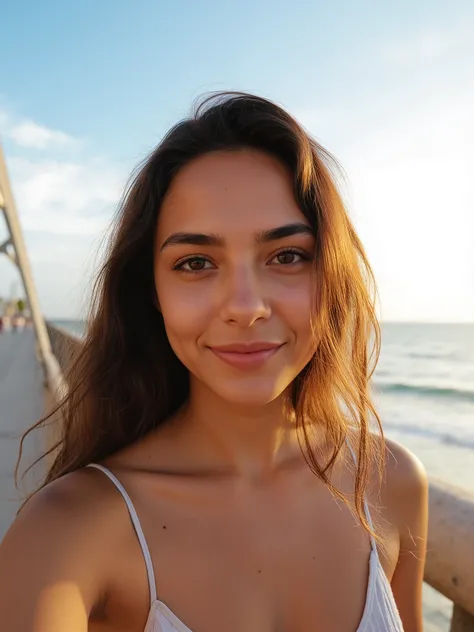  22-year-old Brazilian woman, Late afternoon on a beach bridge with the sea in the background. natural beauty.  real photo that would be posted on Instagram.  wavy and long hair , medium brown color . Natural lighting in the late afternoon .  Quality of th...