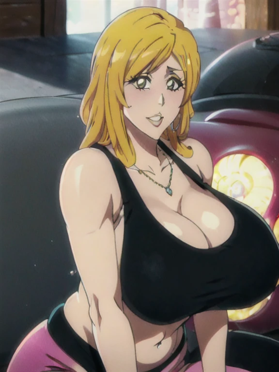 Orihime Inoue,Bleach artstyle,brown eyes,Big breast,((Enchanted big breast)),((((very loose black tank top)))),Cleavage,Curvy figure,Hoopa bracelet,Long nail,Side burn visible,look at viewer,(((bright yellow blond color hair))),((head facing front)),High q...