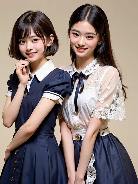 ( HD)、( high quality)、(tight, short-sleeved dress:1.2)、(Collared dress)、( dress with buttons on the chest)、( Japanese girl)、(smile:1.3)、( bring their face closer to here:1.4)、( simple background:1.4)、( lace dress covered in roses:1.2)、(Young face:1.4)、( ar...