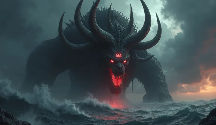  A colossal beast with seven heads and ten horns emerges from a troubled sea ,  Her eyes shine with evil . On his forehead, The number 666 burns like fire .  Dark clouds swirl in the sky as an eerie red light illuminates the monstrous figure".