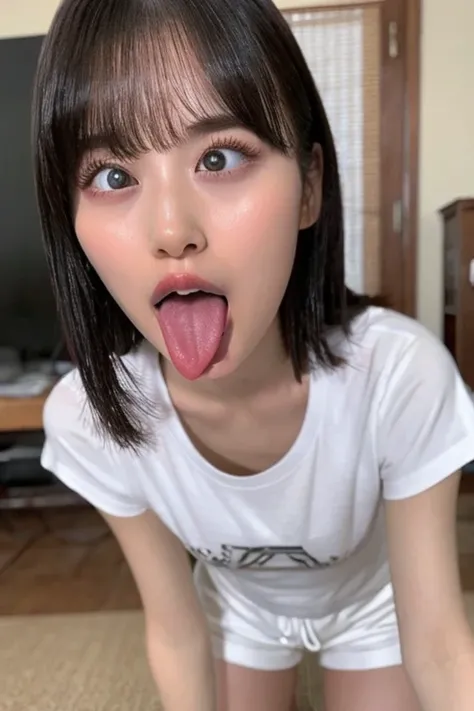  1 girl, table top,,Award-winning photo,  very detailed,  face close-up 、 keep your eyes focused, Nose and mouth, focus on face ,  woman on all fours with her mouth open and her eyes closed,  focus on face の接写、age: 18 , dark-haired、 symmetrical face at sch...