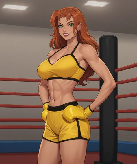 safe_pos, PonyXLV6_Scores BREAK ((retro artstyle, parody)), perfect anatomy, cowboy shot) shayera hol, wings, long hair, green eyes, flirting, raised eyebrow, ((looking at viewer)), superhero, bare shoulders, yellow boxing shorts, yellow boxing gloves, cur...