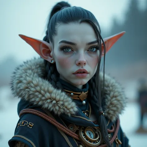 a grey skinned, tall humanoide female with dark eyes, very small pointy ears, wearing winter tribal clothes, detailed face and body, highly detailed,  render, 8k, sharp focus, intricate details, realistic skin texture,