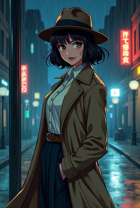 detailed illustration (side view),dynamic angle,ultra-detailed, illustration, pose for the camera, smiling at viewer, clean line art, shading, anime, 1980’s anime style, detailed eyes, detailed face, beautiful face standing on a sidewalk,

Detective, trenc...