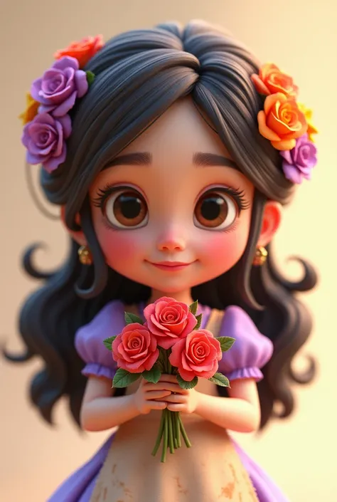 A chibi-style mouthpiece with cute and expressive features,  recalling the Disney aesthetic /Pixar in 3D.  The character is a young woman with big and bright eyes ,  rosy cheeks and an enchanting smile . Her long hair,  are adorned with colorful flowers in...