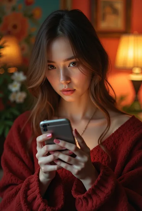 Close-up of a Russian model using her cell phone in a vibrant and colorful living room.  The image highlights the character's interaction with technology in a welcoming environment