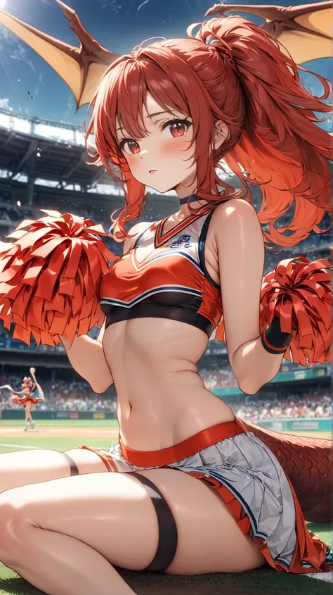  unclear(  top quality、  Masterpiece、  high resolution)、((1 person)),( cute woman sitting),( Red Dragon Personification ,,red short lizard tail,Little wings of a pterosaur on its back),Long nails),Flat Bust,Small breasts, Sports Bra,low-rise spats, wristba...