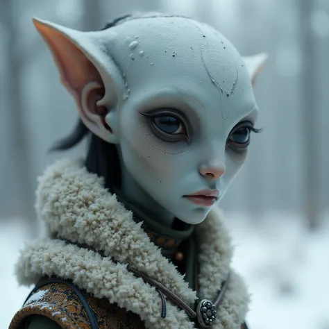 a grey skinned, tall humanoid female with large black eyes, very small pointy ears, wearing winter tribal clothes, detailed face and body, highly detailed,  render, 8k, sharp focus, intricate details, realistic skin texture,