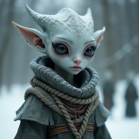 a grey skinned, tall humanoid female with large black eyes, very small pointy ears, wearing winter tribal clothes, detailed face and body, highly detailed,  render, 8k, sharp focus, intricate details, realistic skin texture,