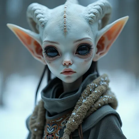 a grey skinned, tall humanoid female with large black eyes, very small pointy ears, wearing winter tribal clothes, detailed face and body, highly detailed,  render, 8k, sharp focus, intricate details, realistic skin texture,