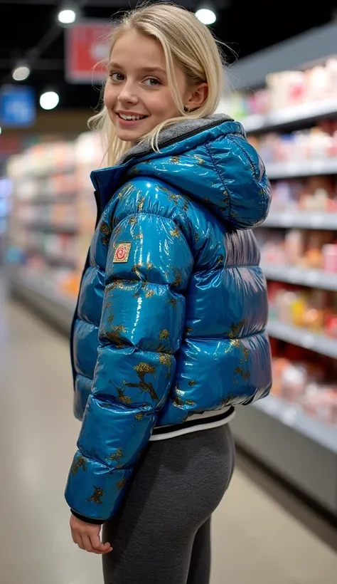 Backside diagonally photo from side behind of a sweaty hot wet cute beautiful pale freckled cute white blonde brightblonde dutch young posing age femboy wearing shiny bright latex camo-print bright neon blue and bright shiny gold pvc cropped short moncler ...