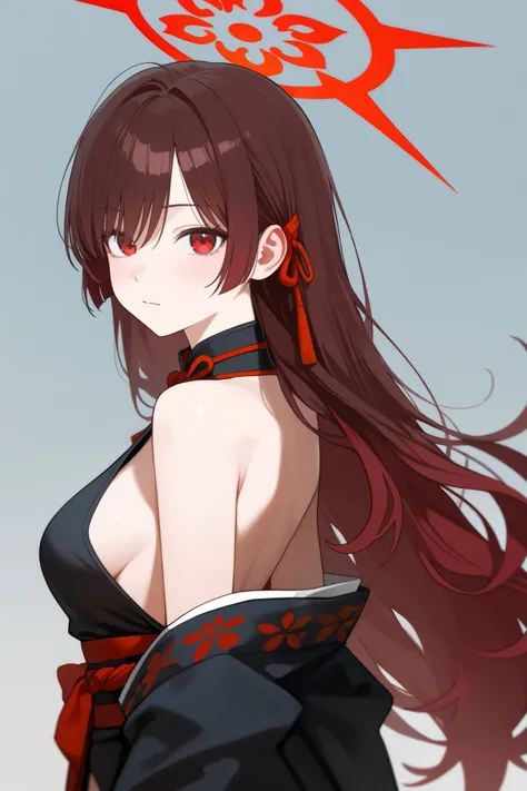 1 girl, Hair length reaches the back, Brown hair and red hair on the edges of the hair, red eyes, but not bright, wear a sexy samurai outfit, หน้าอกไซส์ปานกลาง, have a red halo