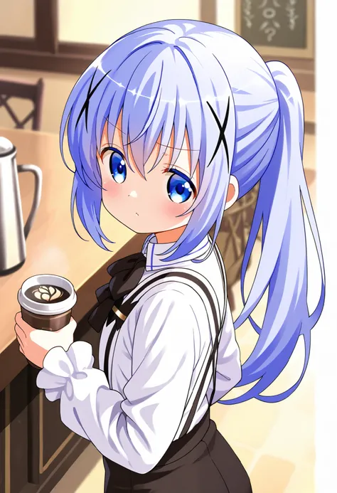 View from behind, pose looking back,{long sleeve shirt}, {small black bow tie}, {black suspenders}, {black long pants}, ponytail, {cross-dressing },serious face ,1girl,soro,Very cool ,small breasts ,Junior high school student, one woman ,kafuu chino, Origi...