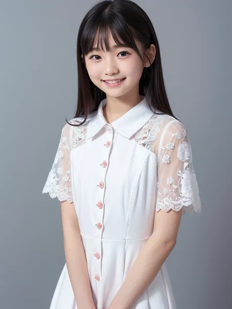 ( HD)、( high quality)、(tight, short-sleeved dress:1.2)、(Collared dress)、( dress with buttons on the chest)、( Japanese girl)、(smile:1.3)、( simple background:1.4)、( lace dress covered in roses:1.2)、(Young face:1.4)、( are small:1.4)、( elementary school studen...