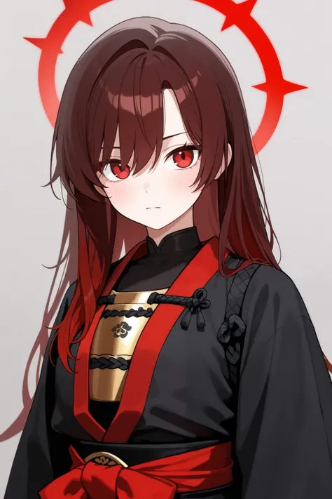 1 girl, Hair length reaches the back, Brown hair and red hair on the edges of the hair, red eyes, but not bright, wear a sexy samurai outfit, หน้าอกไซส์ปานกลาง, have a red halo